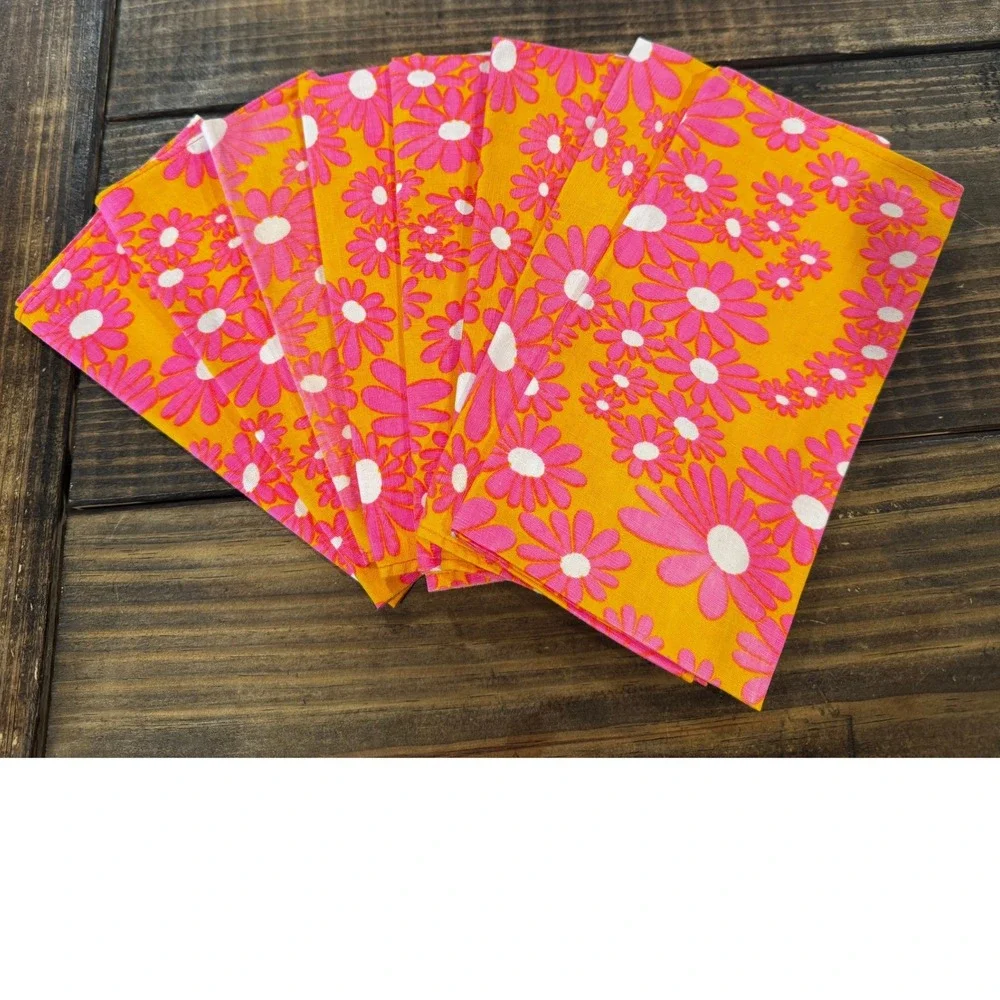 Vintage Napkins Orange Pink White Set of 8 Psychedelic Floral Daisy Retro 70s